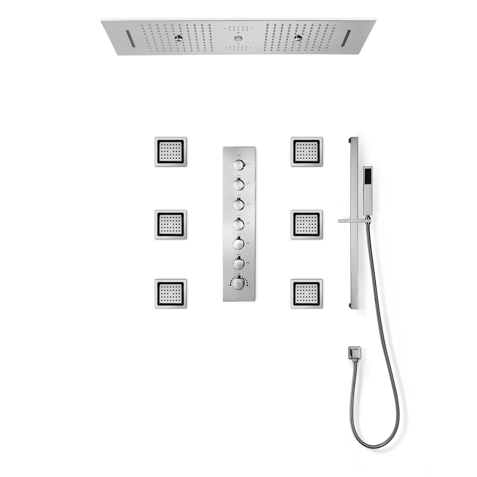 EDEN Brushed Nickel 36 Ceiling Mounted Complete LED Music Shower Set with Rainfall/Waterfall/Mist Spray/Water Column/Large Body Jets