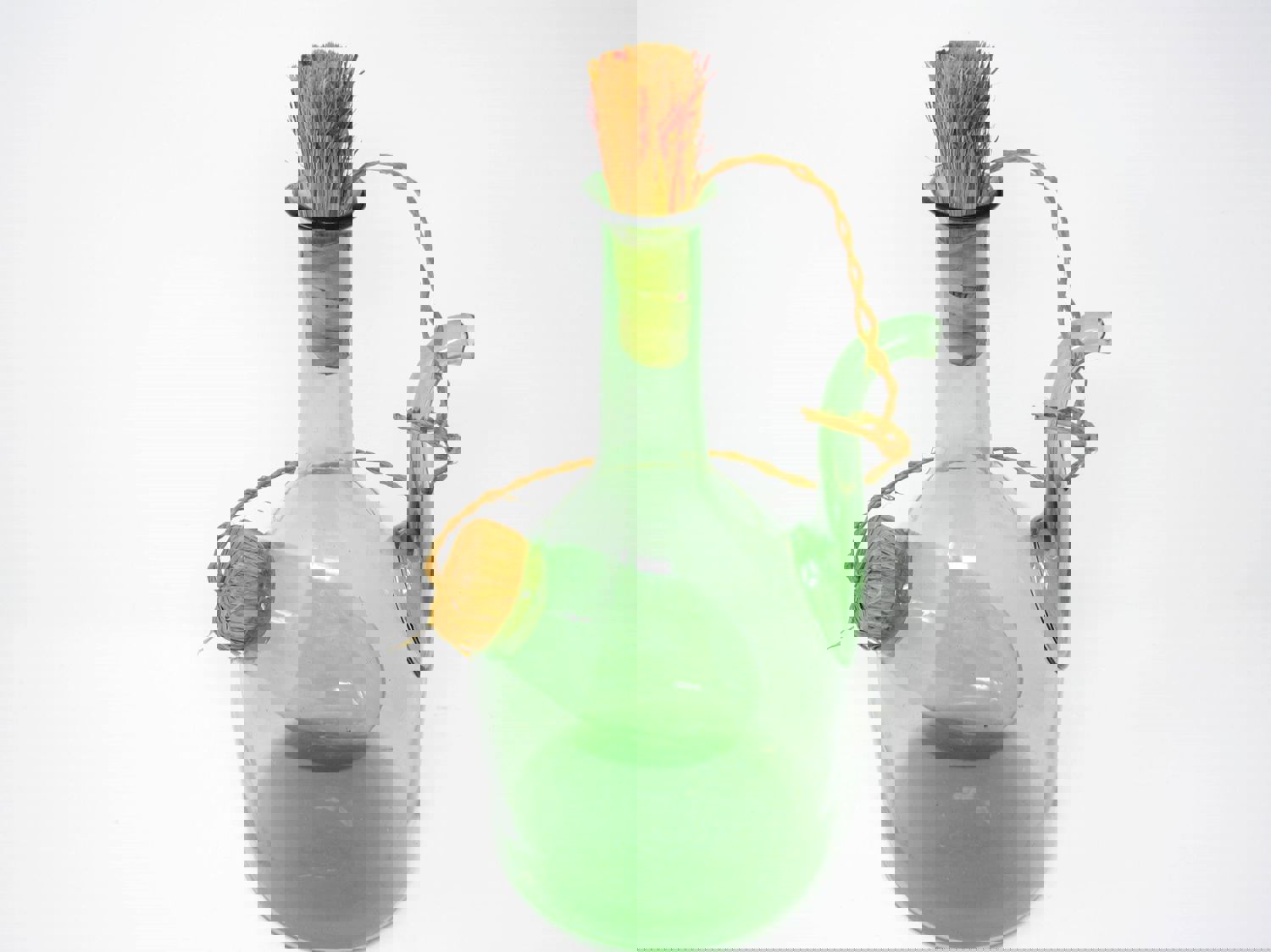 Vintage Italian Green Blown Glass Wine Decanter with Straw Stoppers