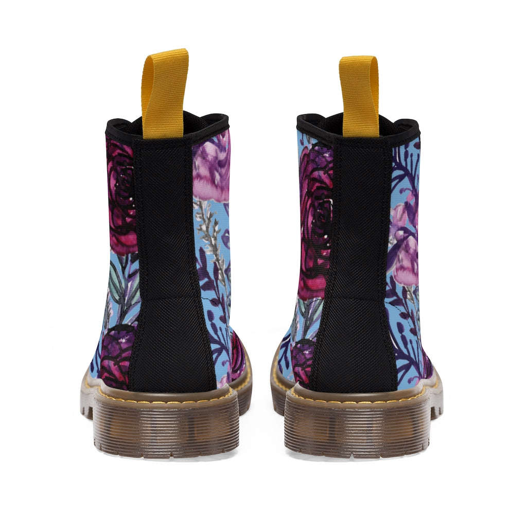 Vintage Blue Purple Floral Women's Boots - Designer Flower Print Hiking Boots