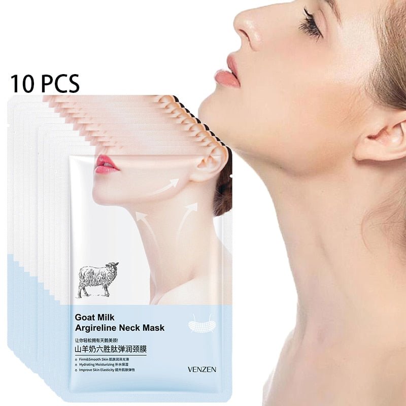 10pcs Goat Milk Hexapeptide Neck Mask - Collagen Firming Anti-Wrinkle Whitening Anti-Aging Mask
