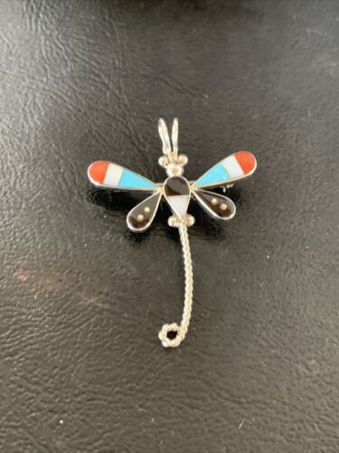 Handmade Zuni Turquoise MOP Inlay Dragonfly Sterling Silver Necklace Pendant
