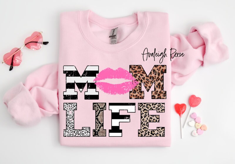 Mom Life Pink Lips Kiss Me Kissing Lips Cheetah Leopard Stripe Print Shirt