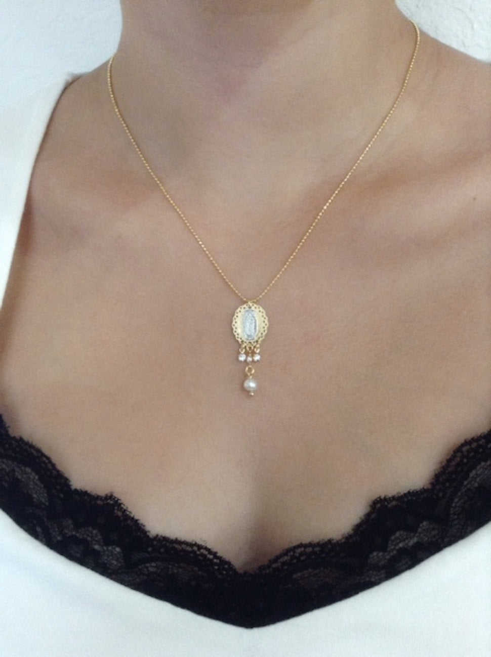 Virgen de Guadalupe Necklace - Gold and Silver Plated Virgin Mary Pendant with Rhinestones and Freshwater Pearl