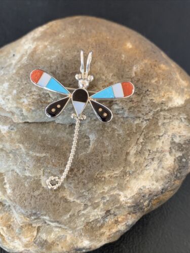 Handmade Zuni Turquoise MOP Inlay Dragonfly Sterling Silver Necklace Pendant