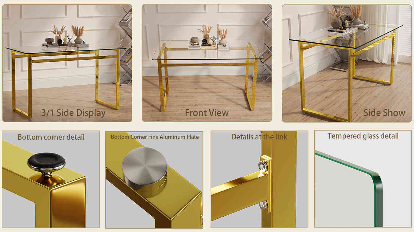 Modern Minimalist Rectangular Glass Dining Table for 4-6 with Tempered Glass Tabletop and Golden Chrome Legs