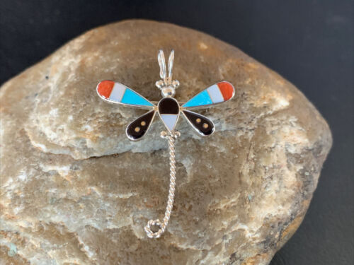 Handmade Zuni Turquoise MOP Inlay Dragonfly Sterling Silver Necklace Pendant