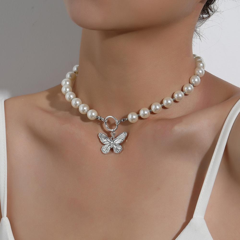 Annabella Butterfly Pearl Necklace - 925 Sterling Silver with Cubic Zirconia