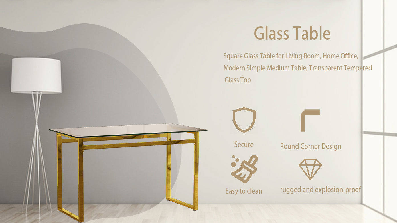 Modern Minimalist Rectangular Glass Dining Table for 4-6 with Tempered Glass Tabletop and Golden Chrome Legs