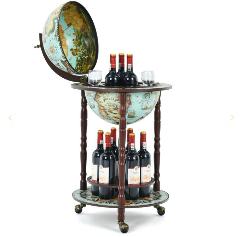 17 Inch Unique Retro Globe Wine Bar - 16th-Century Italian World Map Liquor Bottle Shelf Cart