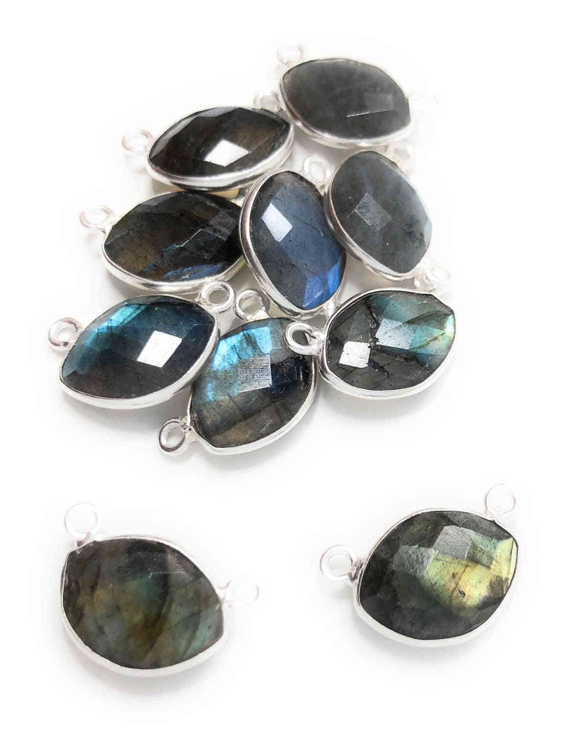 10 Pcs Labradorite Gemstone Connector, Sterling Silver Connector Charms for DIY Jewelry Making, 15x9.5mm