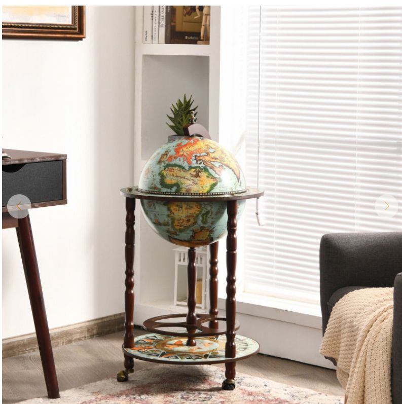 17 Inch Unique Retro Globe Wine Bar - 16th-Century Italian World Map Liquor Bottle Shelf Cart