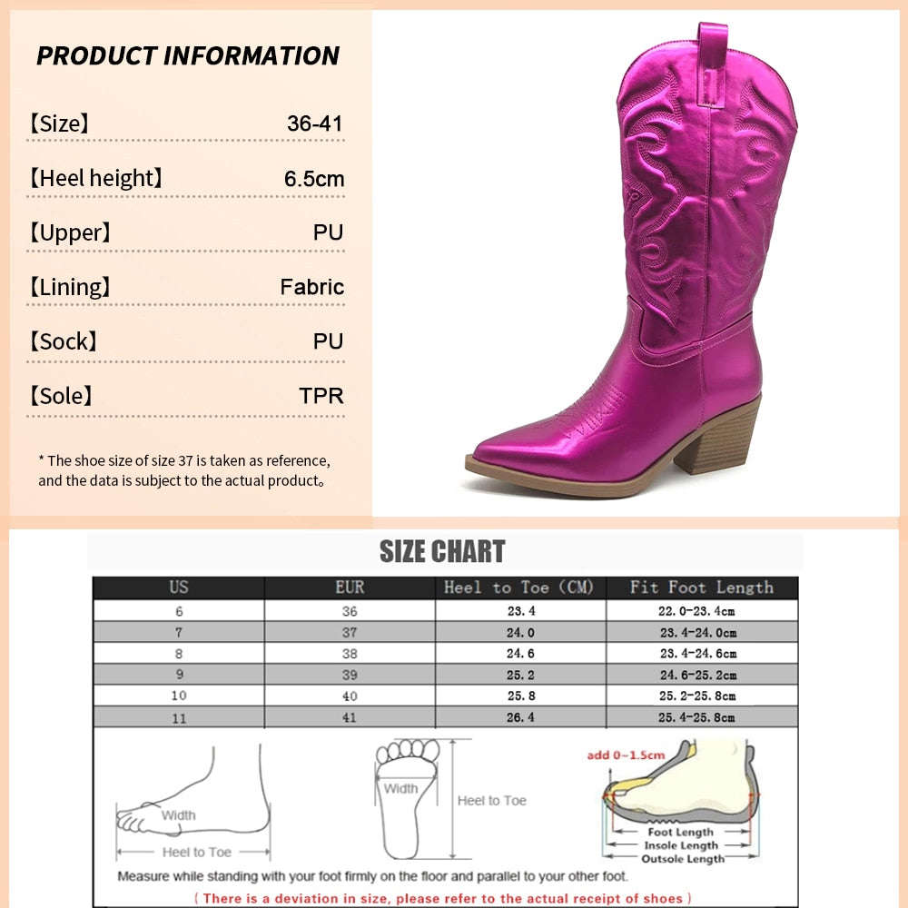 Ladies Long Cowgirl Boots - Embroidered Pointed Toe Western Boots with Chunky Heel