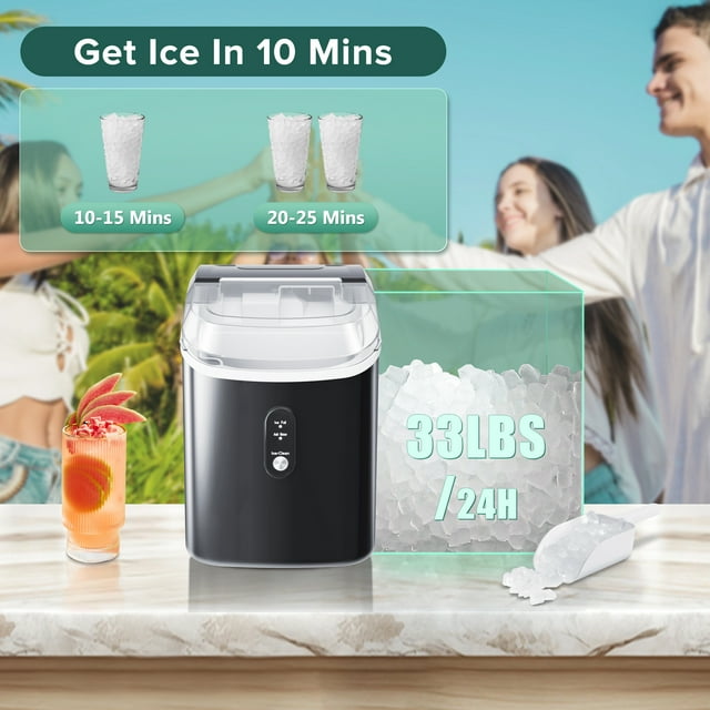 KISSAIR Nugget Ice Maker Countertop - Portable Soft Chewable Pellet Ice Machine, 34lbs/24H, Black