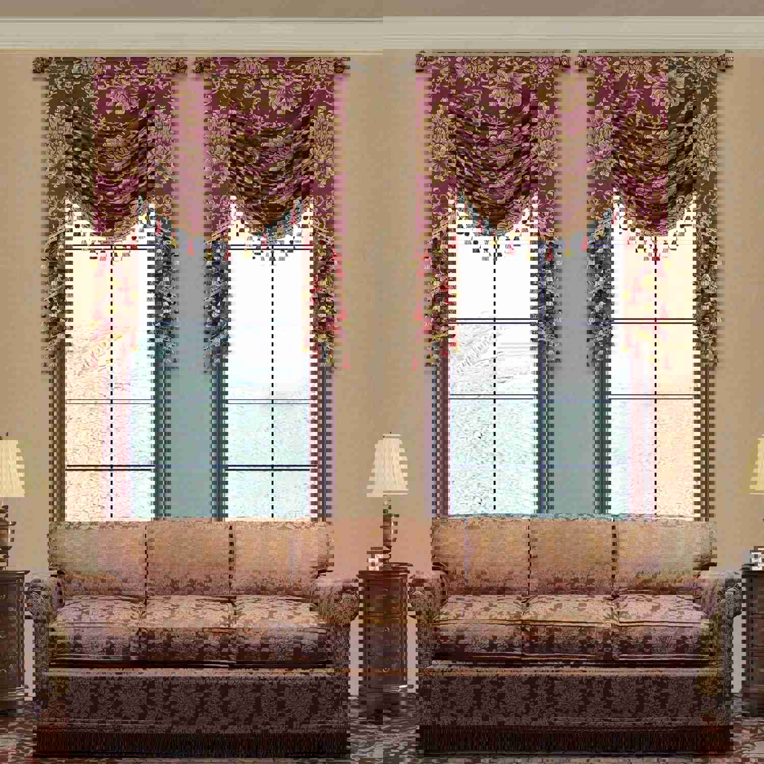 Bordeaux Swag Valance - Classic Woven Pattern Burgundy Window Valance