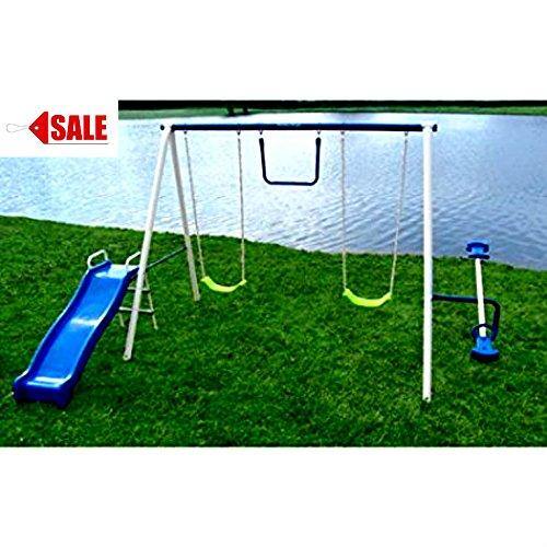 Metal Swing Set With Slide, Trapeze, and Seesaw for Kids Outdoor Play