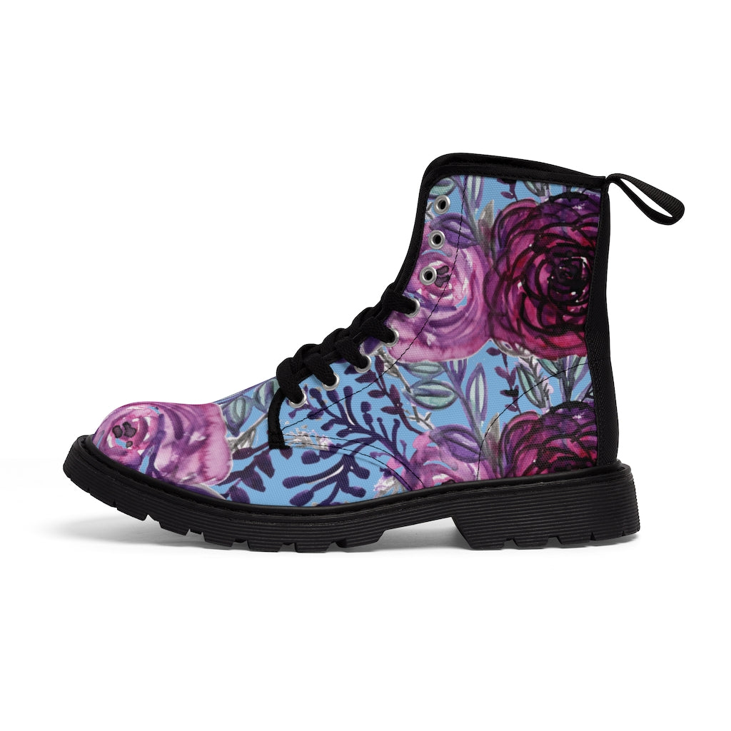 Vintage Blue Purple Floral Women's Boots - Designer Flower Print Hiking Boots