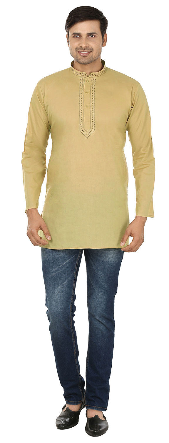 Men's Embroidered Cotton Short Kurta Shirt - Casual Wear (Buff)