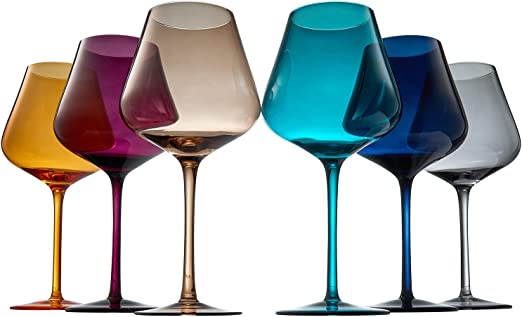 Jewel Colored Crystal Wine Glass Set of 6 - Elegant Italian Style Drinkware for Celebrations
