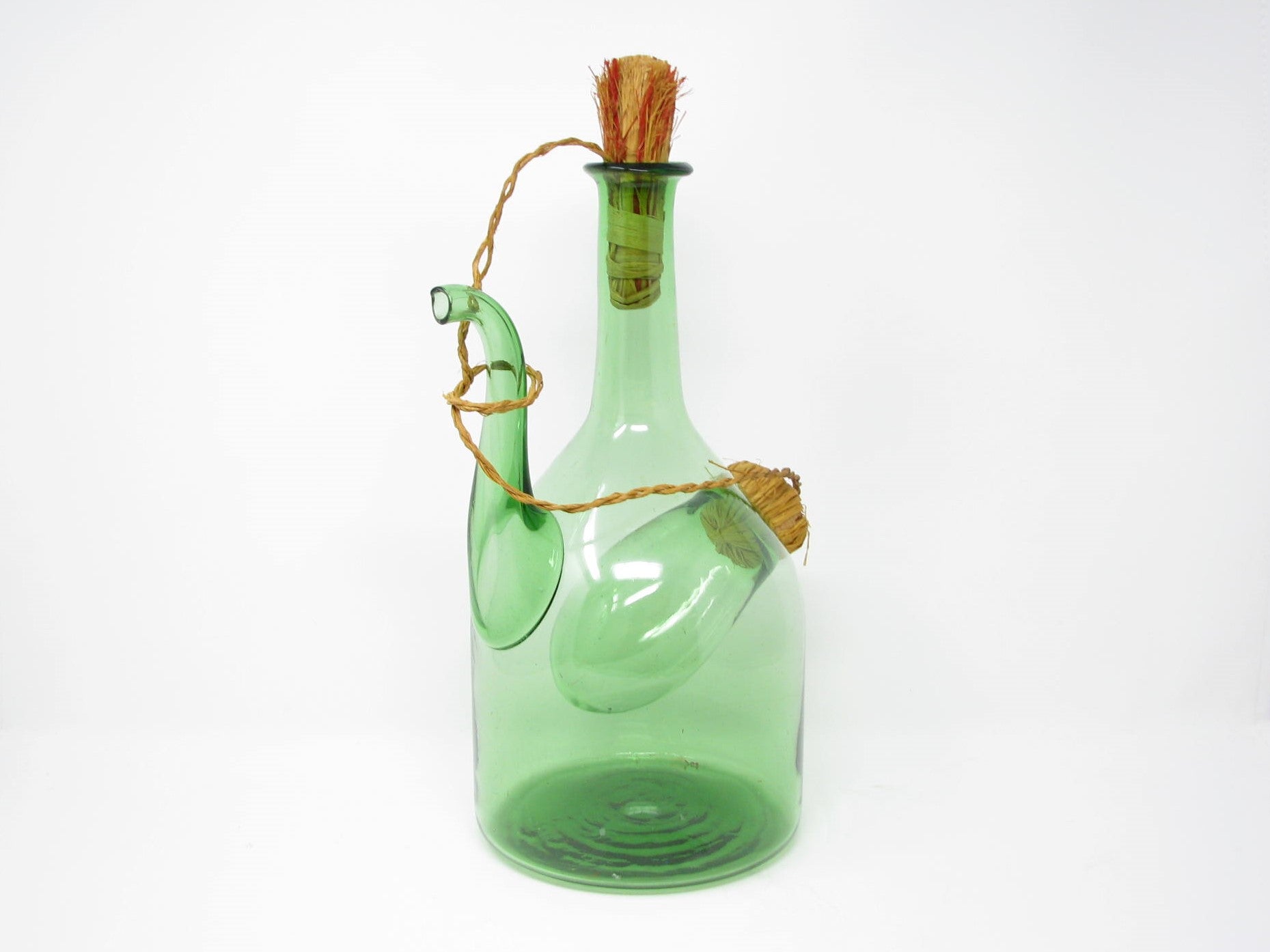 Vintage Italian Green Blown Glass Wine Decanter with Straw Stoppers