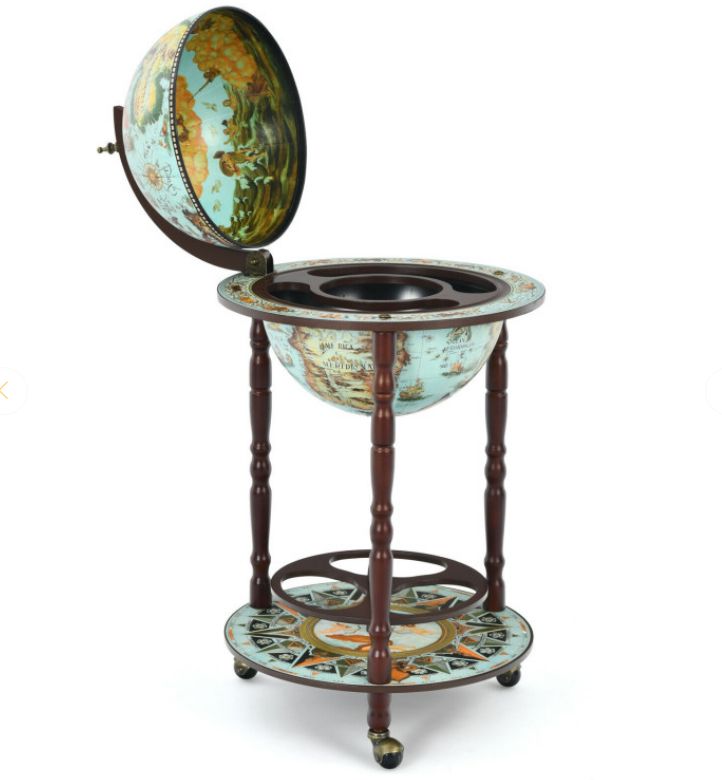 17 Inch Unique Retro Globe Wine Bar - 16th-Century Italian World Map Liquor Bottle Shelf Cart