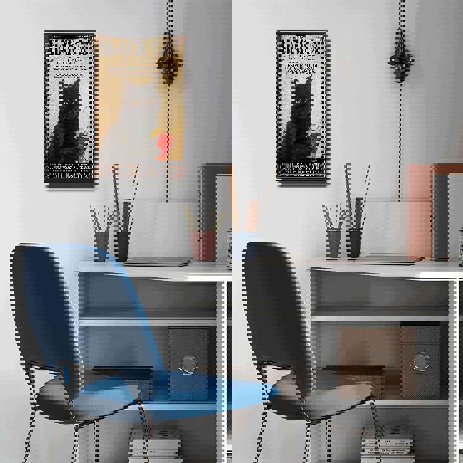 1pc Metal Sign - Black Cat Drinking Fruit Juice Lounge Wall Art