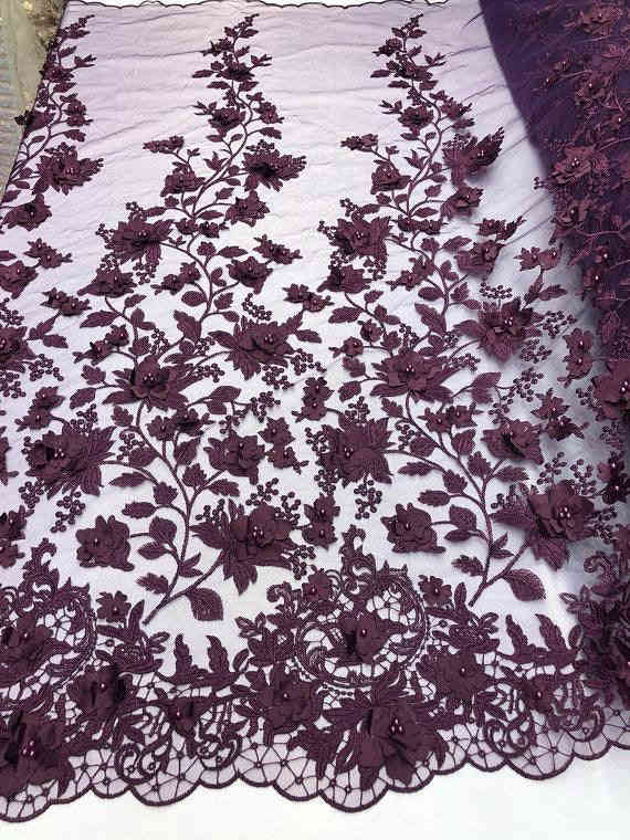 Plum 3D Floral Embroidered Mesh Lace with Beads and Pearls for Dresses and Decor