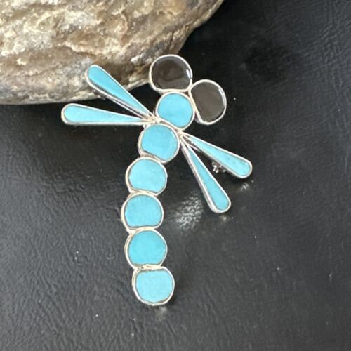 Blue Kingman Turquoise Zuni Sterling Silver Dragonfly Inlay Pin Pendant