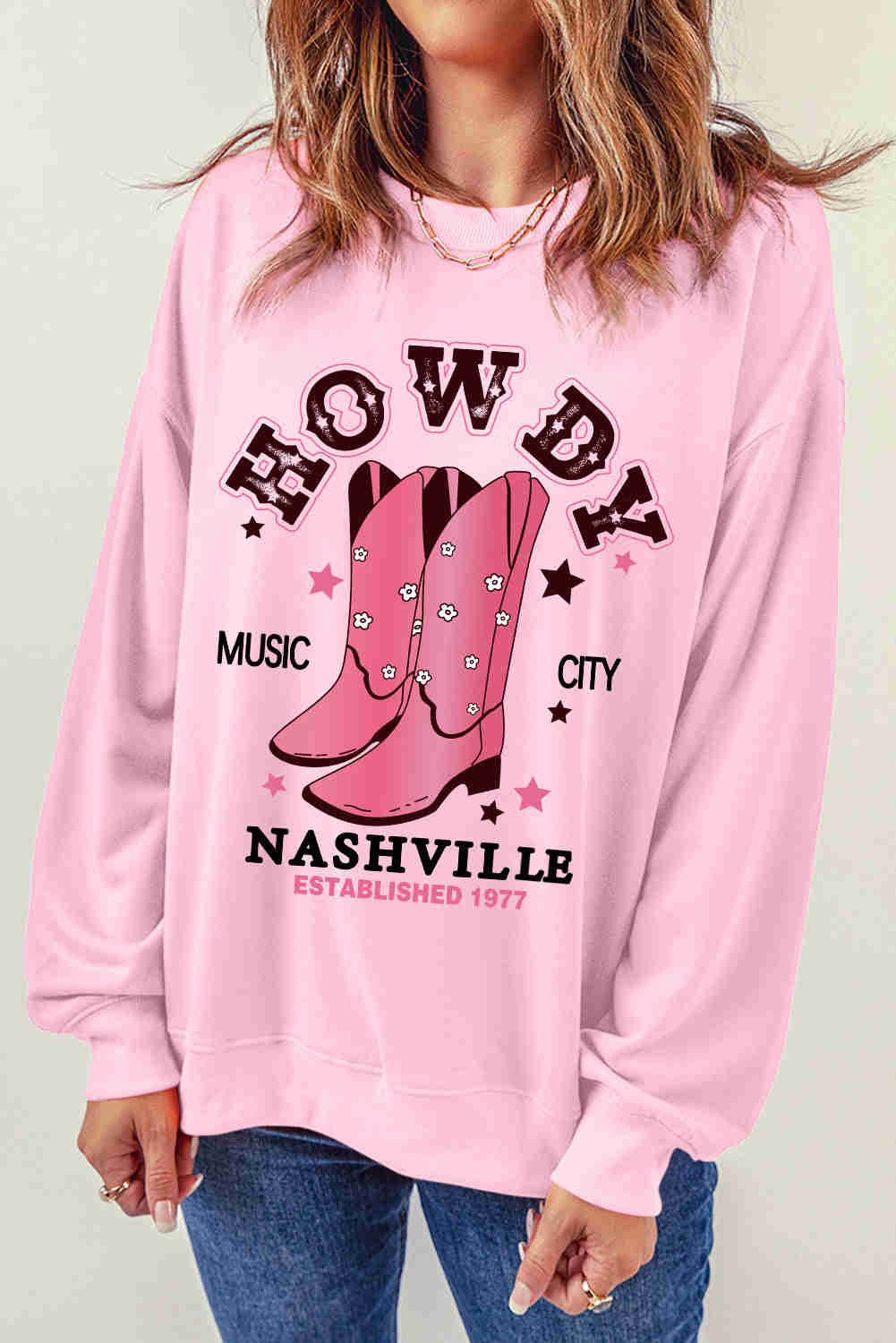 Cowboy Boots Graphic Dropped Shoulder Sweatshirt - Casual Round Neck Long Sleeve