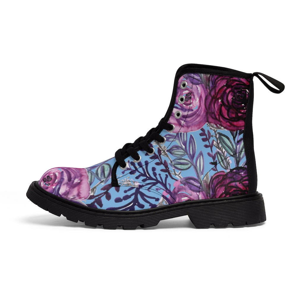 Vintage Blue Purple Floral Women's Boots - Designer Flower Print Hiking Boots