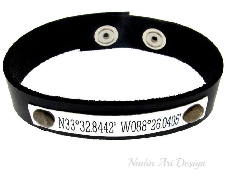 Custom Engraved Latitude Longitude Bracelet Cuff for Men - Personalized Leather Gift