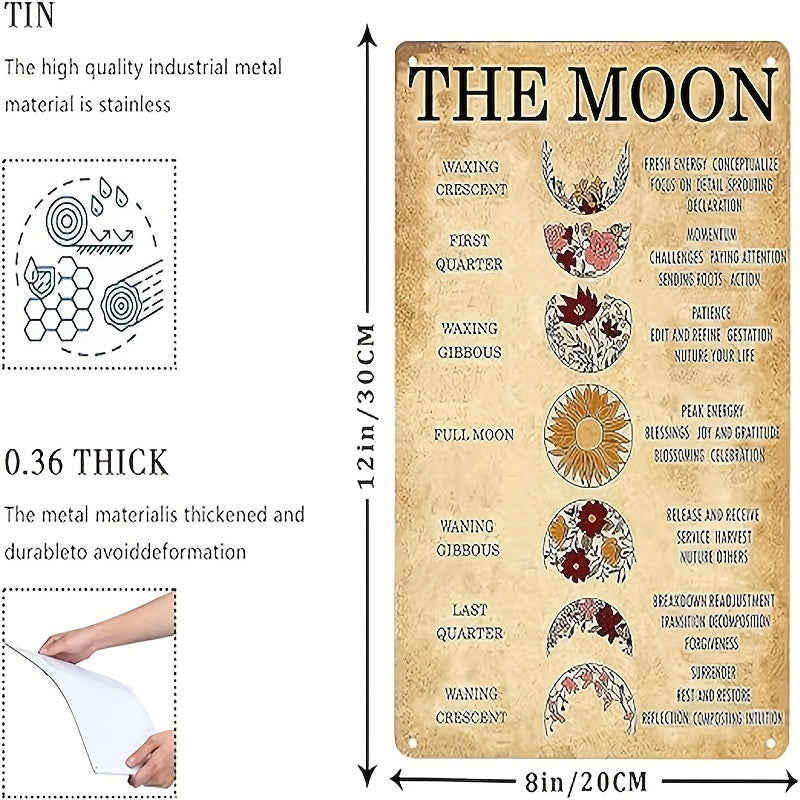 1pc Retro Tin Metal Sign Moon Phases Meanings Witchery - Home Office Restaurant Garage Bar Wall Decor Gift 8x12 Inch
