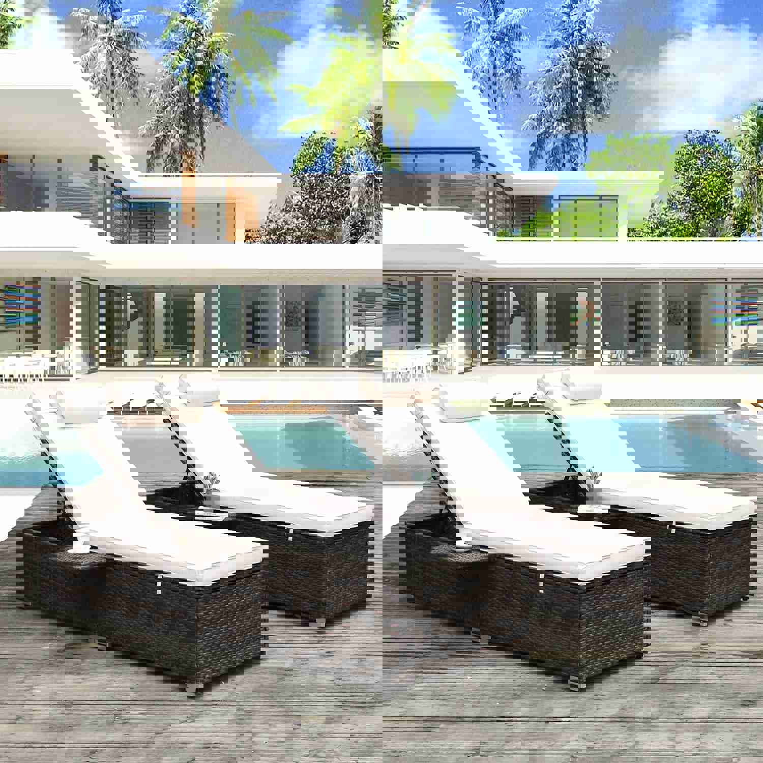 Outdoor PE Wicker Chaise Lounge - 2 Piece Patio Lounge Chair Set with Side Table