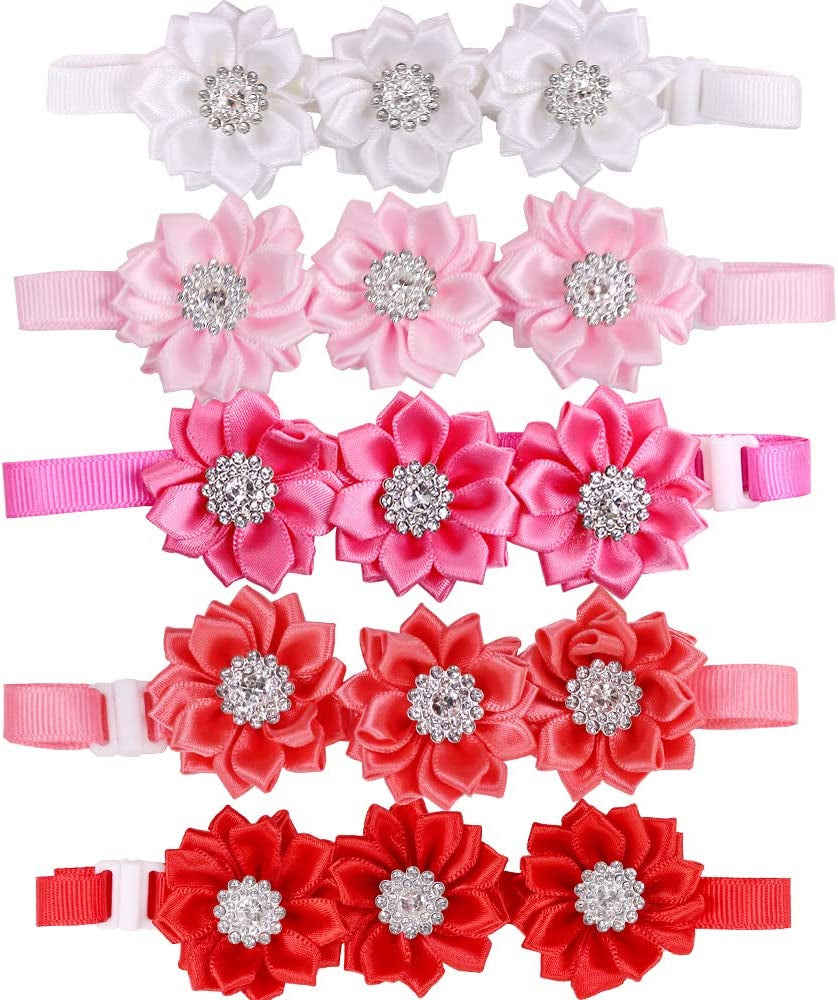 Masue Pets 15Pcs/Pack Dog Bow Tie Collar with Rhinestone Flower Accessories for Small Dogs and Cats