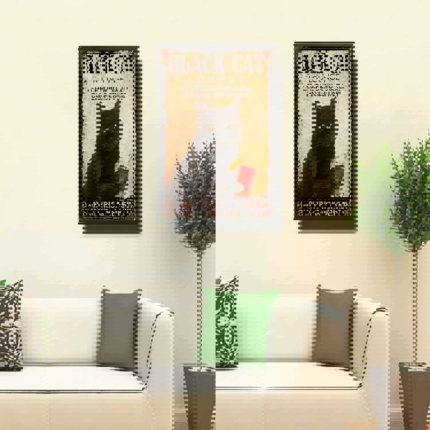 1pc Metal Sign - Black Cat Drinking Fruit Juice Lounge Wall Art