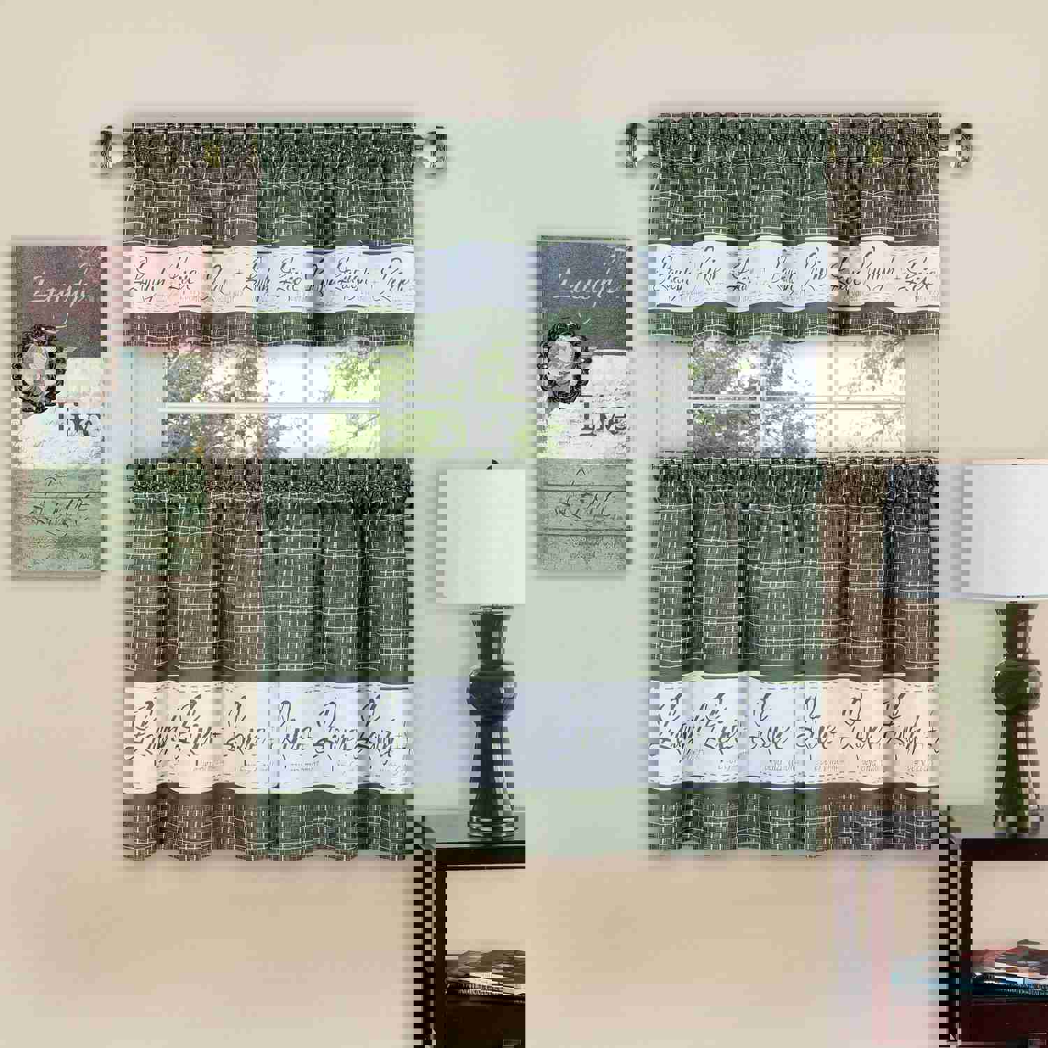 Live Laugh Love 3-Piece Kitchen Curtain Set, Green, Tiers 58x36, Swag 58x14 Inches