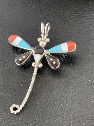 Handmade Zuni Turquoise MOP Inlay Dragonfly Sterling Silver Necklace Pendant