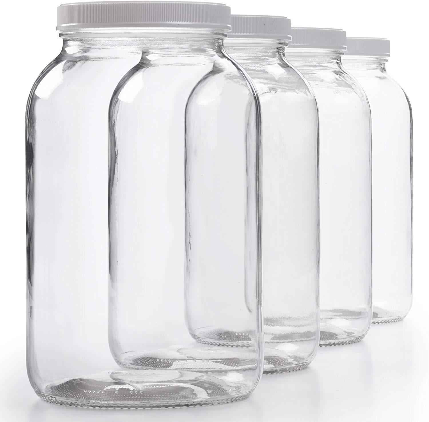 4 Pack - 1 Gallon Glass Jar with Plastic Airtight Lid, Muslin Cloth, Rubber Band - Wide Mouth Easy Clean - BPA Free & Dishwasher Safe
