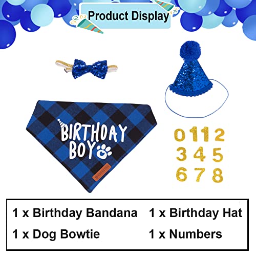 ADOGGYGO Dog Birthday Party Supplies Set - Bandana, Hat & Bowtie for Large/X-Large Dogs (Blue)