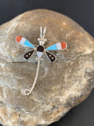 Handmade Zuni Turquoise MOP Inlay Dragonfly Sterling Silver Necklace Pendant
