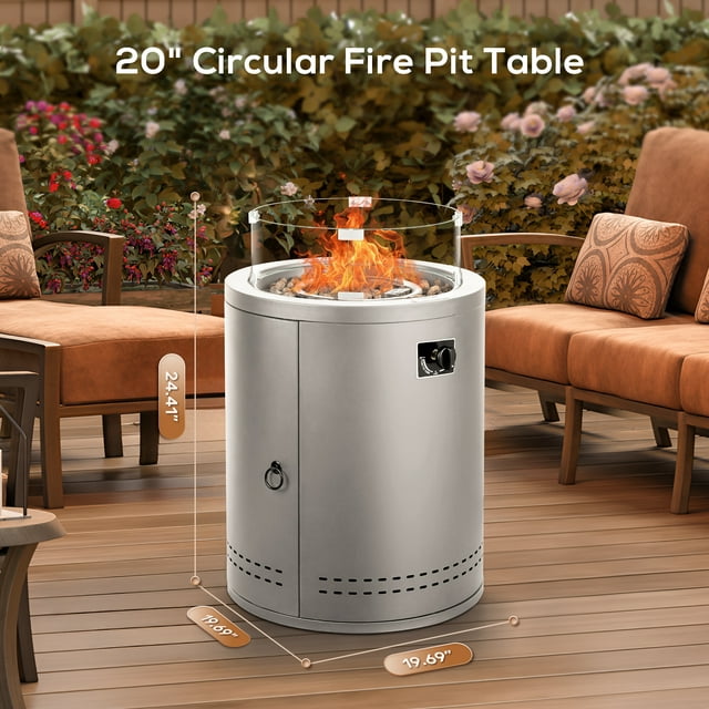 KISSAIR 20 Circular Fire Pit Table with Tempered Glass Wind Guard and Lava Rocks, 50000BTU, Grey
