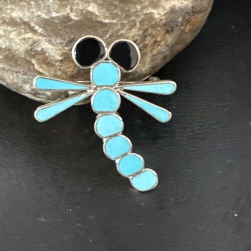 Blue Kingman Turquoise Zuni Sterling Silver Dragonfly Inlay Pin Pendant