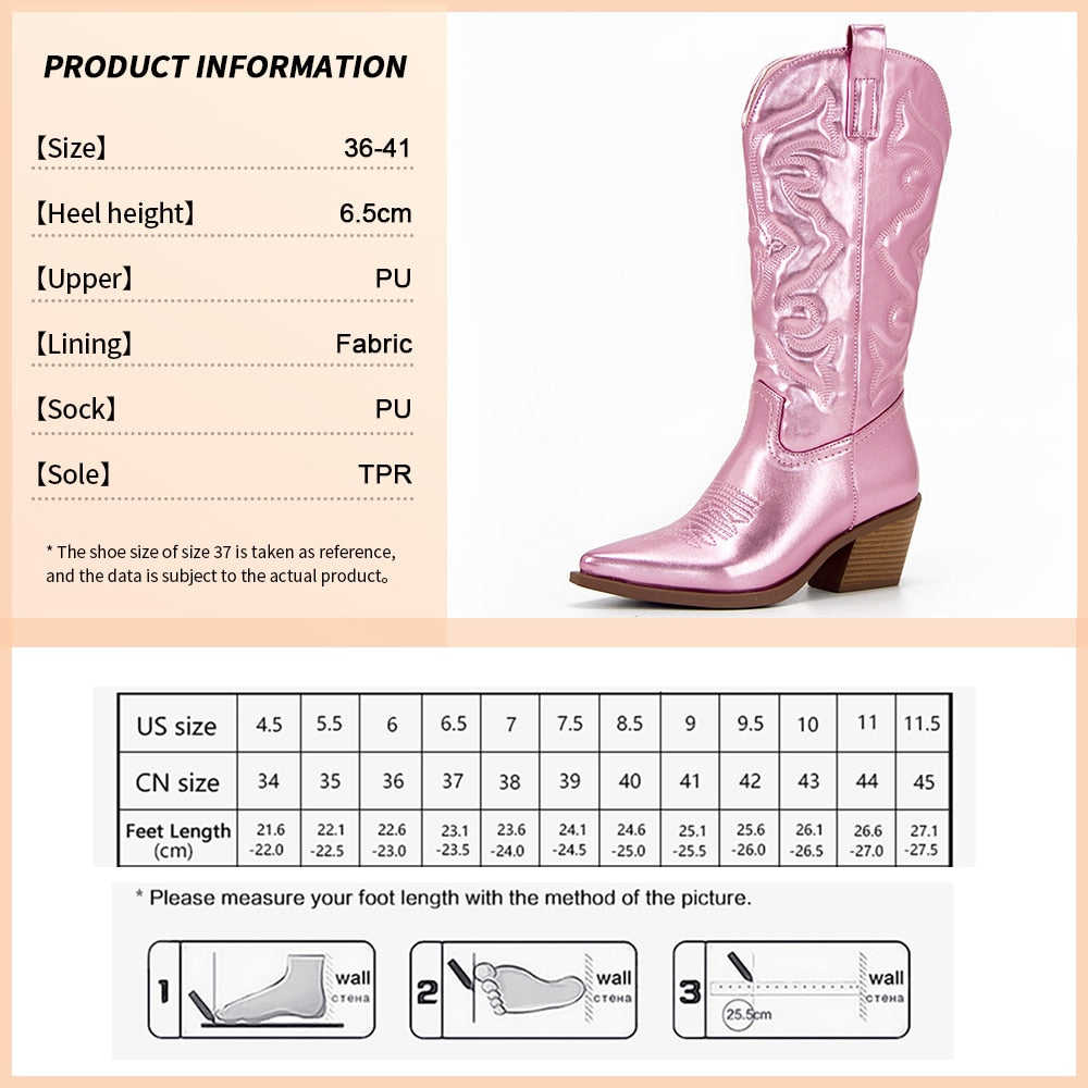 Ladies Long Cowgirl Boots - Embroidered Pointed Toe Western Boots with Chunky Heel