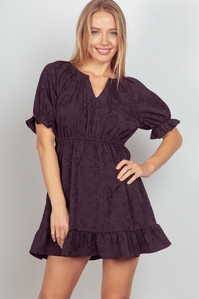 Textured Woven Ruffled Mini Dress in Black