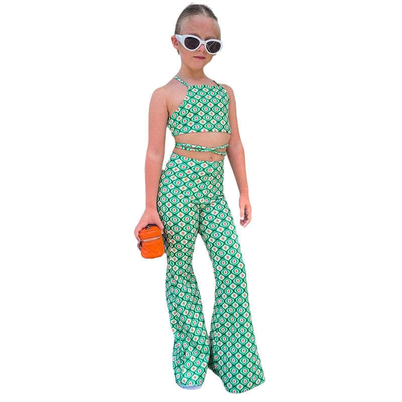 Kids Girls Sleeveless Belt Tops + Flared Pants Clothing Set