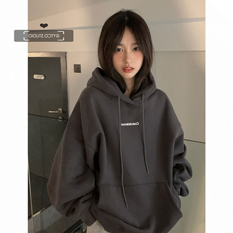 Trizchlor Fashion Dark Grey Hoodie Fleece Thicken Sweatshirt for Women
