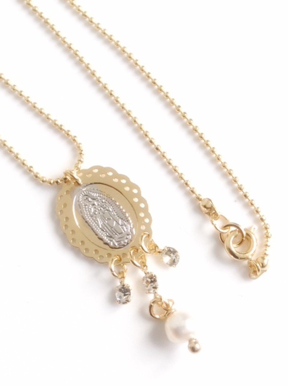 Virgen de Guadalupe Necklace - Gold and Silver Plated Virgin Mary Pendant with Rhinestones and Freshwater Pearl