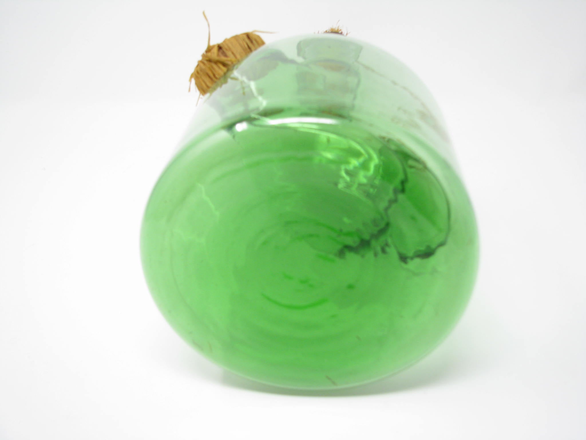 Vintage Italian Green Blown Glass Wine Decanter with Straw Stoppers