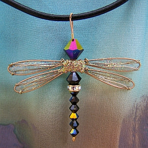 Handmade Dragonfly Pendant with Swarovski Crystals and Gold Wings