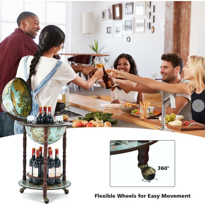 17 Inch Unique Retro Globe Wine Bar - 16th-Century Italian World Map Liquor Bottle Shelf Cart