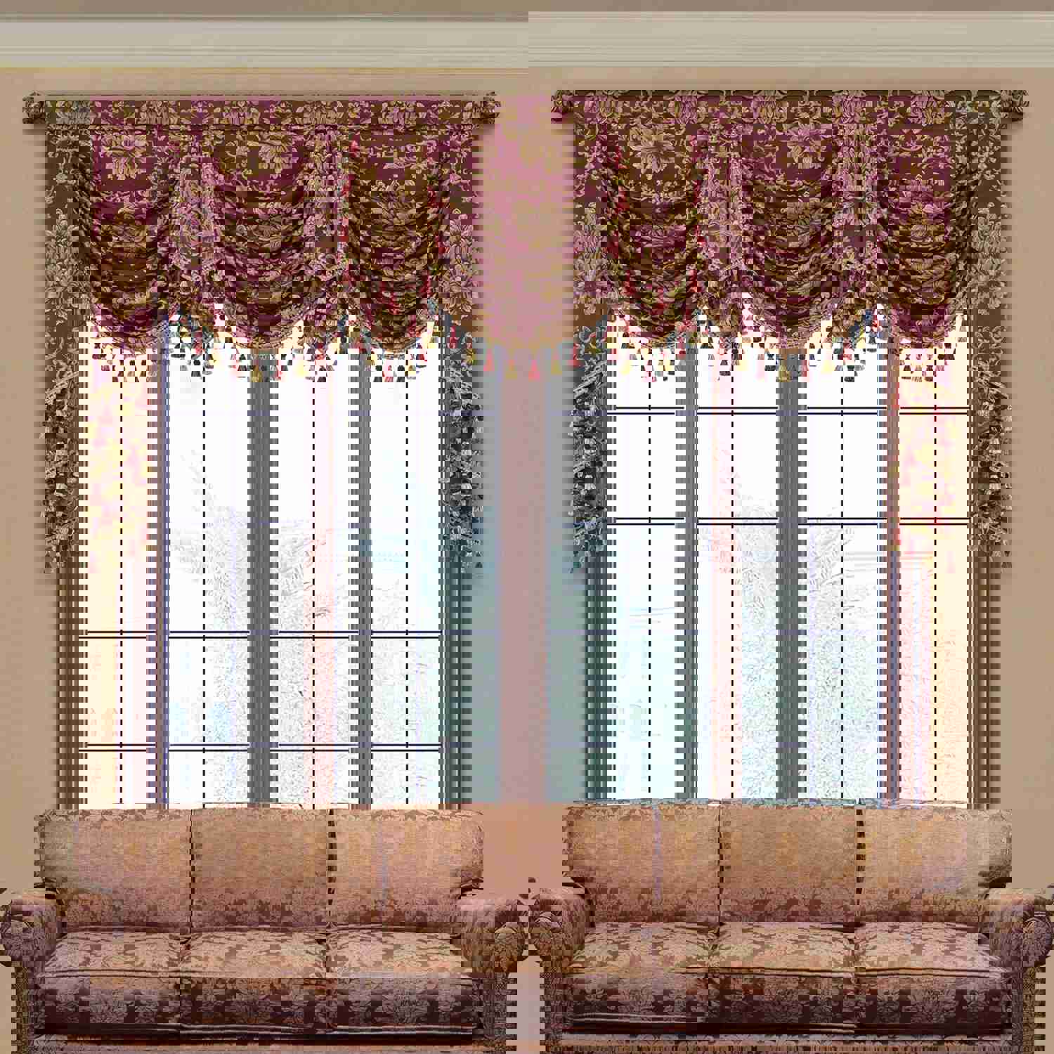 Bordeaux Swag Valance - Classic Woven Pattern Burgundy Window Valance